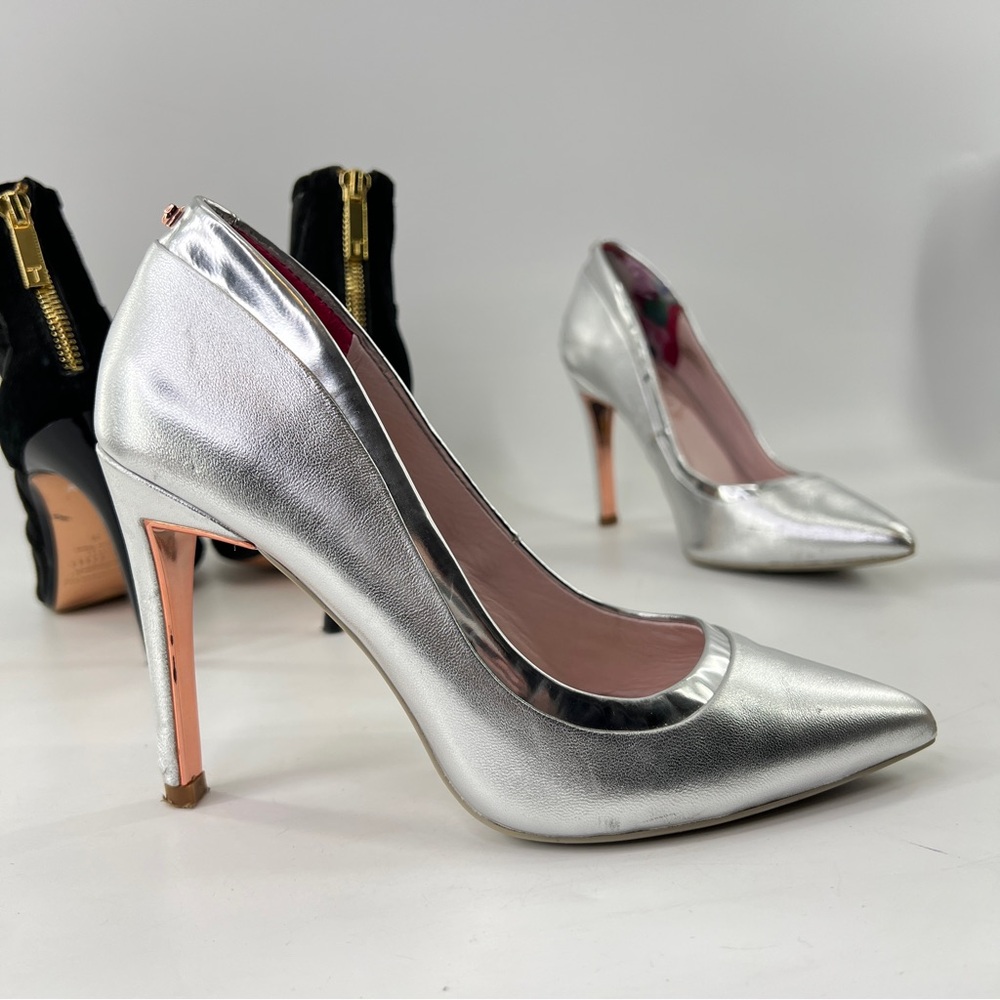 2 Pr TED BAKER Heels Mesh Black Silver Metallic Sz‎ 36 US 5.5 Suede Leather